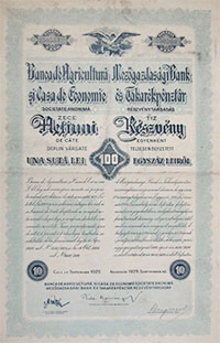 Mezgazdasgi Bank s Takarkpnztr Rszvnytrsasg rszvny 10x100 lei 1929 Kolozsvr