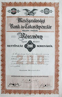 Mezgazdasgi Bank s Takarkpnztr Rszvnytrsasg rszvny 200 korona 1916 Kolozsvr
