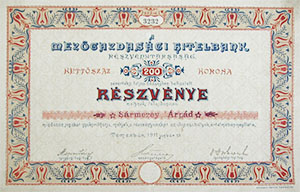 Mezgazdasgi Hitelbank Rszvnytrsasg rszvny 200 korona 1911 Temesvr