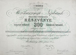Mezkaszonyi Npbank Rszvnytrsasg rszvny 300 korona 1905 Mezkaszony