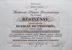 Mezkvesdi Npbank Rszvnytrsasg rszvny 100 peng 1926