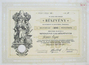 Mindszenti Takarkpnztr rszvny 100 peng 1927