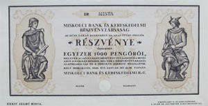 Miskolci Bank s Kereskedelmi Rszvnytrsasg rszvny  20x50 1000 peng 1928 MINTA