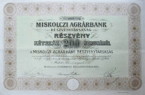 Miskolci Agrrbank Rszvnytrsasg rszvny 200 korona 1911