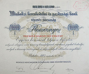 Miskolci Kereskedelmi s Gazdasgi Bank Rszvnytrsasg rszvny 100x1000 korona 1923