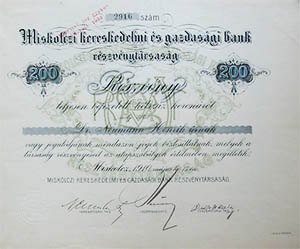 Miskolci Kereskedelmi s Gazdasgi Bank Rszvnytrsasg rszvny 200 korona 1910