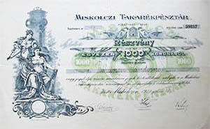 Miskolci Takarkpnztr Rszvnytrsasg rszvny 1000 korona 1923