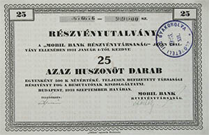 Mobil Bank Rszvnytrsasg rszvny 25x500 korona 1923