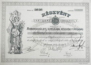Monorkerleti Hitelbank Rszvnytrsasg rszvny 200 korona 1912 Monor