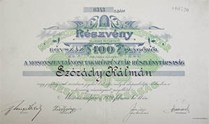 Mosonszentjnosi Takarkpnztr Rszvnytrsasg rszvny 100 peng 1929