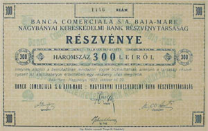 Nagybnyai Kereskedelmi Bank Rszvnytrsasg rszvny 300 lei 1922