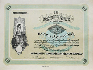 Nagykanizsai Takarkpnztr Rszvnytrsasg rszvny 10x30 peng 1926