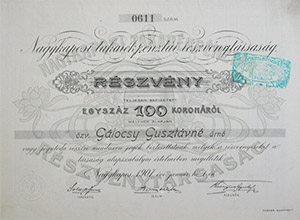Nagykaposi Takarkpnztr Rszvnytrsasg rszvny 100 korona 1907 Nagykapos