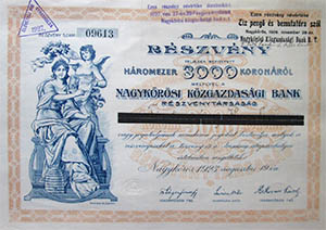 Nagykrsi Kzgazdasgi Bank Rszvnytrsasg rszvny 3000 korona 1923