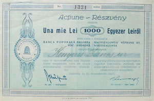 Nagyszalontai Npbank Rszvnytrsasg rszvny 1000 lei 1925