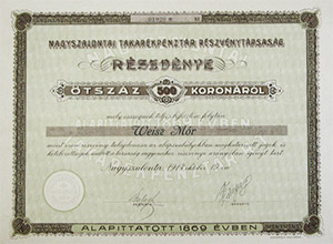 Nagyszalontai Takarkpnztr Rszvnytrsasg rszvny 500 korona 1913 Nagyszalonta