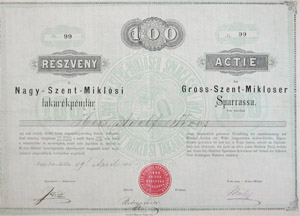 Nagyszentmiklsi Takarkpnztr Rszvnytrsasg rszvny 100 forint 1875 Nagyszentmikls