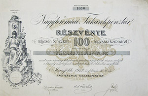 Nagyteremiai Takarkpnztr Rszvnytrsasg rszvny 100 korona 1912 Mriaflde