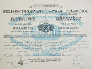 Nagyvradi Leszmitolbank Rszvnytrsasg rszvny 1000 lei 1924 Nagyvrad
