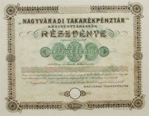 Nagyvradi Takarkpnztr Rszvnytrsasg rszvny 2000 lei 1921