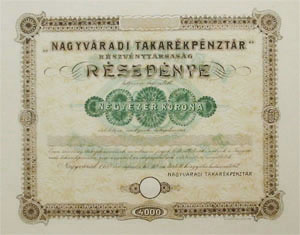 Nagyvradi Takarkpnztr Rszvnytrsasg rszvny 4000 korona 1910