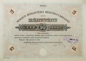 Nemzeti Hitelintzet Rszvnytrsasg rszvny 10 peng 1926