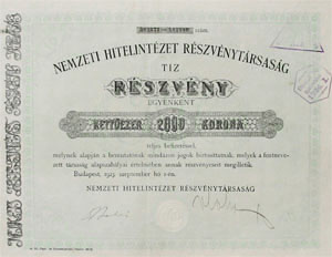 Nemzeti Hitelintzet Rszvnytrsasg rszvny 10x2000 korona 1923