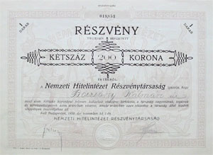 Nemzeti Hitelintzet Rszvnytrsasg rszvny 200 korona 1920