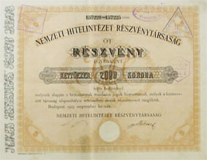 Nemzeti Hitelintzet Rszvnytrsasg rszvny 5x2000 korona 1923
