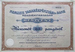Nemzeti Takarkpnztr s Bank Rszvnytrsasg rszvny 25 peng 1926