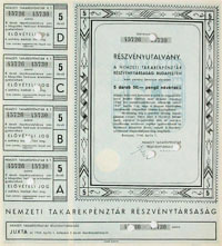 Nemzeti Takarkpnztr Rszvnytrsasg rszvnyutalvny 5x50 peng 1946