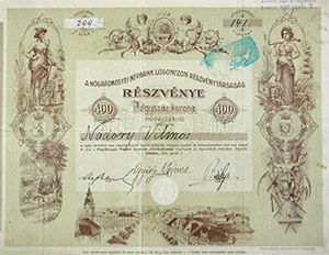 Ngrdmegyei Npbank Rszvnytrsasg rszvny 400 korona 1910 Losoncz