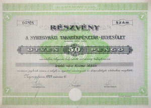 Nyregyhzi Takarkpnztr Egyeslet Rszvnytrsasg rszvny 50 peng 1929 Nyregyhza