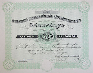 Nyrvidki Takarkpnztr Rszvnytrsasg rszvny 50 peng 1926 Nyregyhza