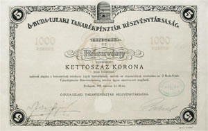 buda-jlaki Takarkpnztr Rszvnytrsasg rszvny 5x200 korona 1921
