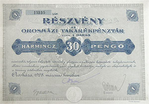 Oroshzi Takarkpnztr Rszvnytrsasg rszvny 30 peng 1928 Oroshaza