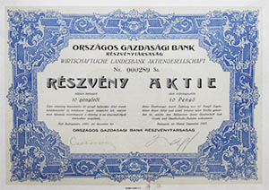Orszgos Gazdasgi Bank Rszvnytrsasg rszvny 10 peng 1927