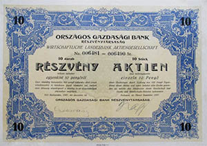 Orszgos Gazdasgi Bank Rszvnytrsasg rszvny 10x10 100 peng 1927