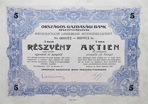 Orszgos Gazdasgi Bank Rszvnytrsasg rszvny 5x10 peng 1927