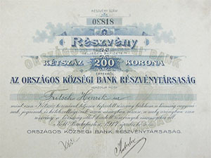 Orszgos Kzsgi Bank Rszvnytrsasg rszvny 200 korona 1914