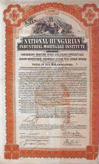 Orszgos Magyar Ipari Jelzlog Intzet Rszvnytrsasg ktvny 1000 dollr 1928