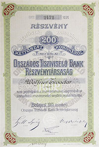 Orszgos Tisztvisel Bank Rszvnytrsasg rszvny 200 korona 1905