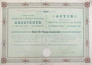 Pancsovai Kereskedelmi Bank s Takarkpnztr Rszvnytrsasg rszvny 100 forint 200 korona 1895 Pancsova