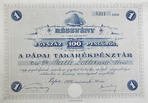 Ppai Takarkpnztr Rszvnytrsasg rszvny 100 peng 1926 Ppa