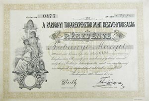 Prdnyi Takarkpnztr mint Rszvnytrsasg rszvny 100 korona 1903 Prdny