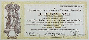Pszti Gazdasgi Bank Rszvnytrsasg rszvny 10x25 250 peng 1928 Pszt