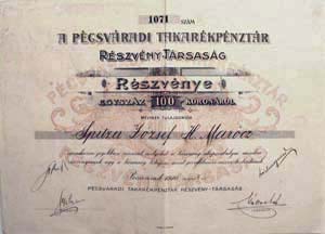 Pcsvradi Takarkpnztr Rszvnytrsasg rszvny 100 korona 1910