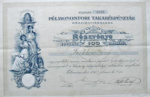 Plmonostori Takarkpnztr Rszvnytrsasg rszvny 100 korona 1913 Plmonostor