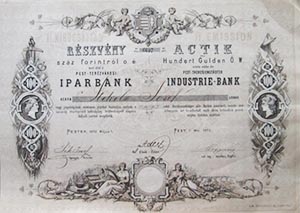 Pest-Terzvrosi Iparbank rszvny 100 forint 1872