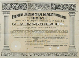 Pesti Hazai Els Takarkpnztr-Egyeslet ktvny 500 frank 1910